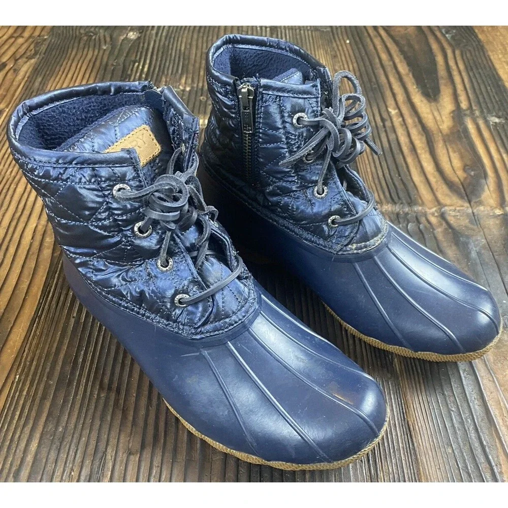 Sperry Quilted Women's Saltwater Navy Zipper & Lace up Waterproof Boot Size 9